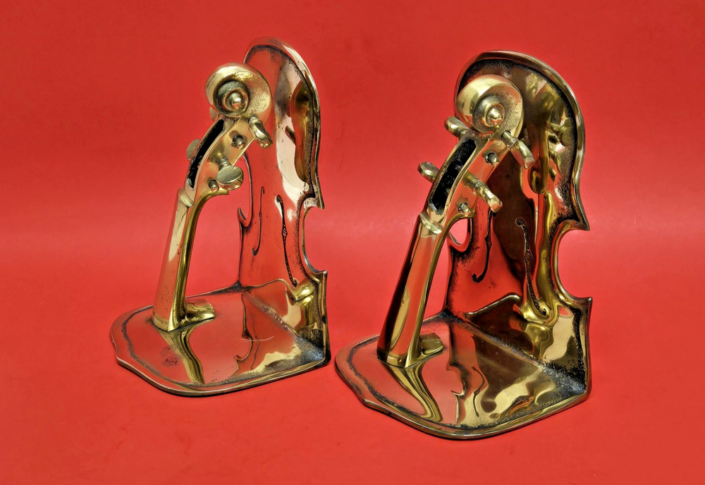 2 Vintage 1992 Solid Brass Bookends Violin ~ Cello Instruments ~ Made in KOREA ~