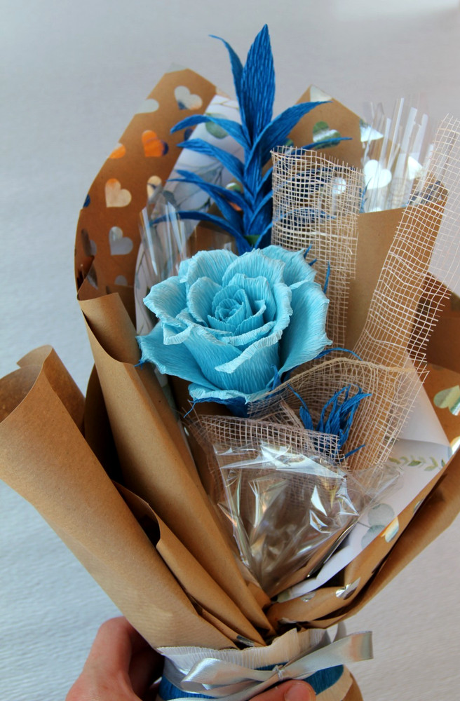 Blue crepe paper rose bouquet