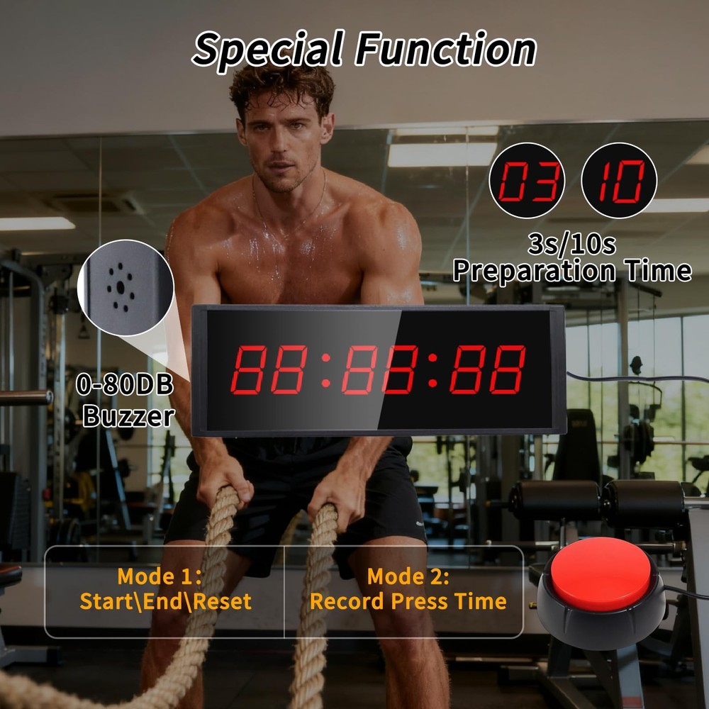 Gym Timer Clock with Start/Stop Button,12/24H Digital Wall Black