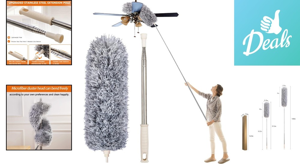 Extendable Microfiber Duster for High Ceilings - 30'' to 100'' Adjustable