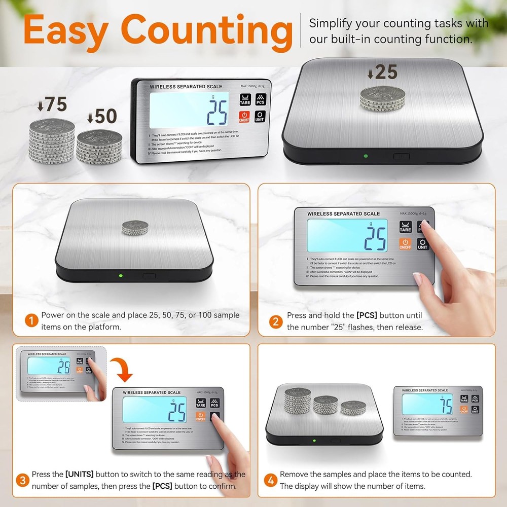 Wireless Digital Kitchen Scale, 33lb Split Design with LCD Display
