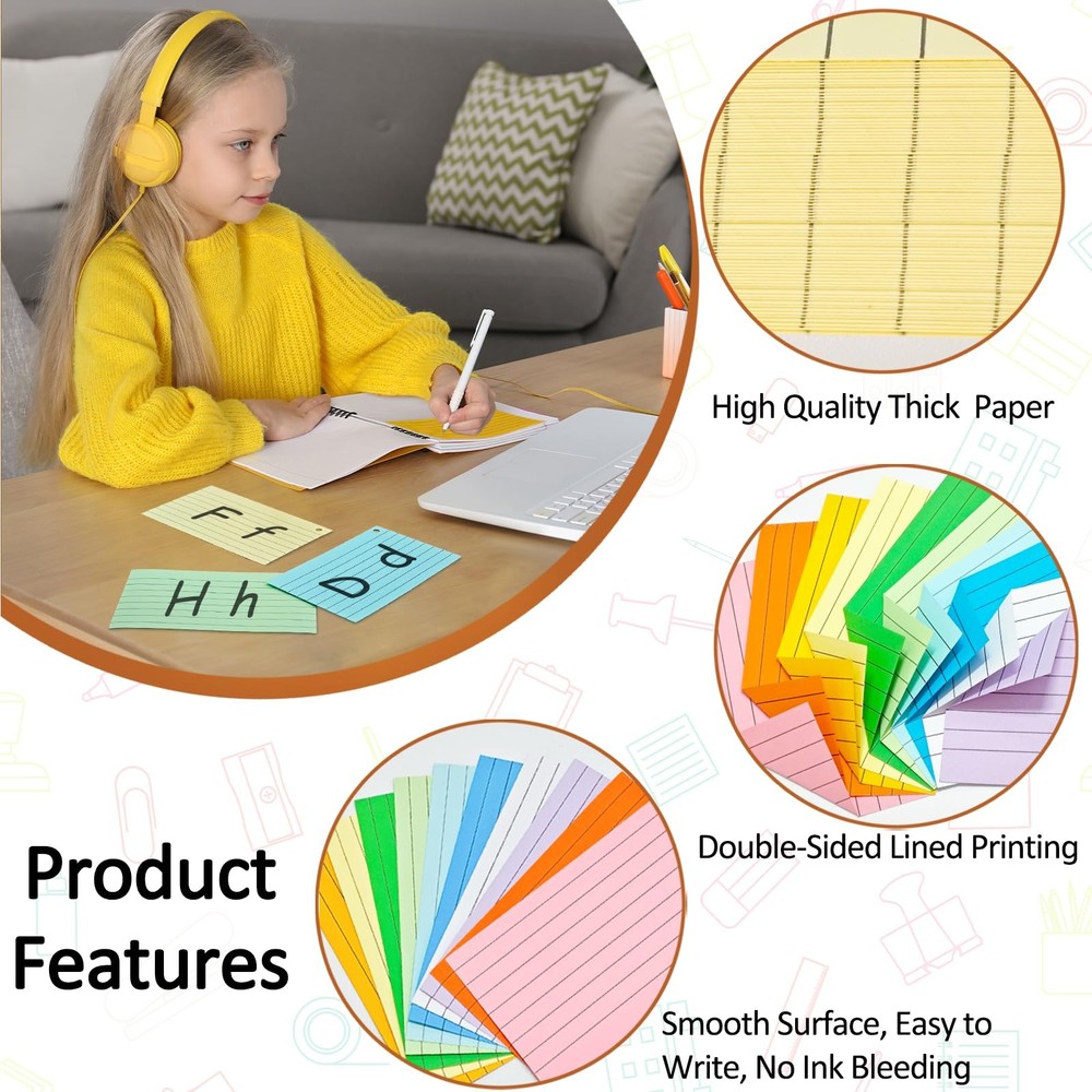 2000 Count Colored Index Cards 3x5, Lined Note Cards, Notecards, Study Cards,...