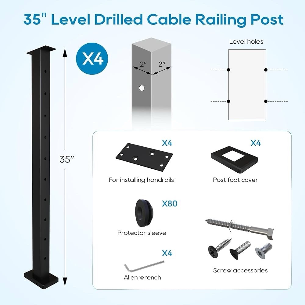 Level Drilled Cable Railing Post 36" (35"X2"x2")
