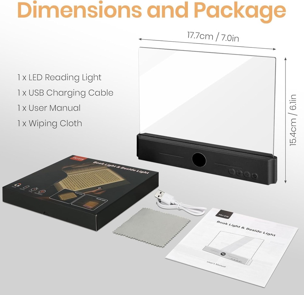 Flat Book Light, Rechargeable Clear LED Smart Reading Light with 3 Colors & Time