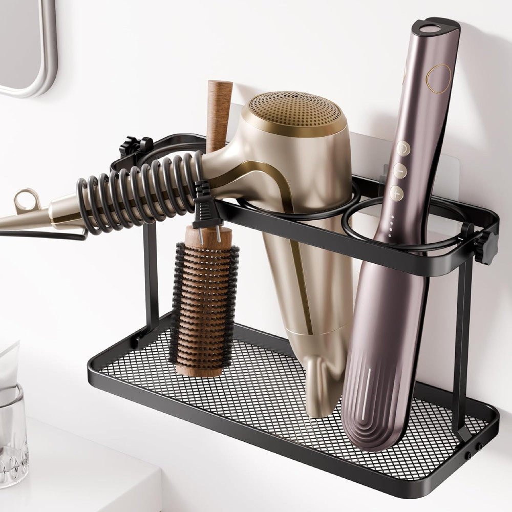 Wall-Mounted Adjustable Hair Tool Organizer - Multi-Position Storage (Black)