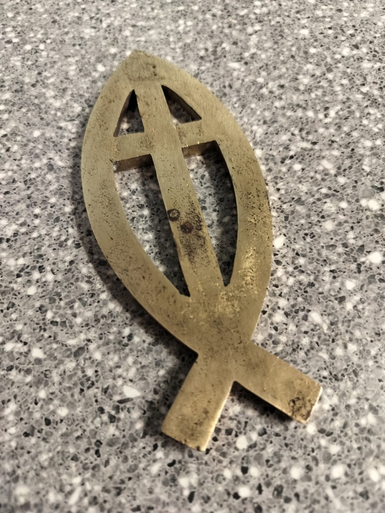 Solid Brass Fish Cross Emblem Paperweight