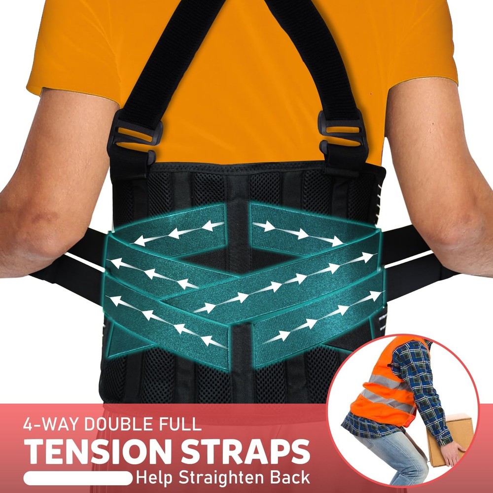 Plus Size 2XL/3XL Work Back Brace with 2 Removable Suspender Straps, Back Pos...