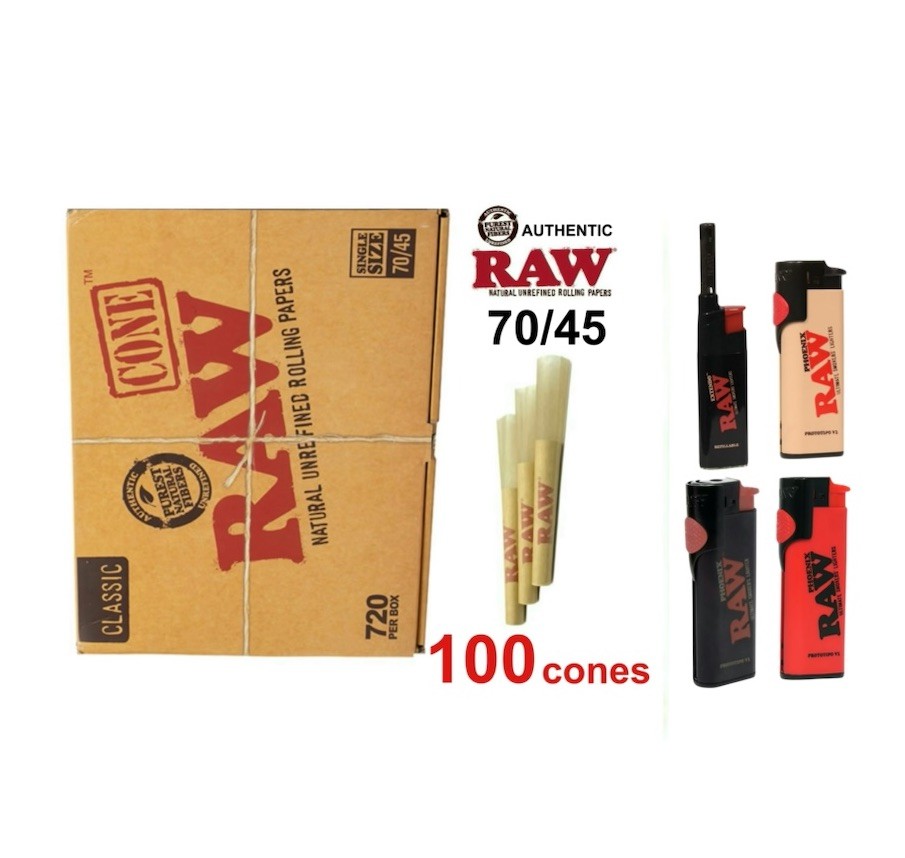 Raw rolling paper single Size 70/45 Pre Rolled Cone + Lighters