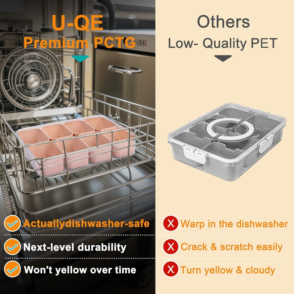 U-QE Dishwasher Safe Snackle Box Container with 8 Small Snacks - Pink