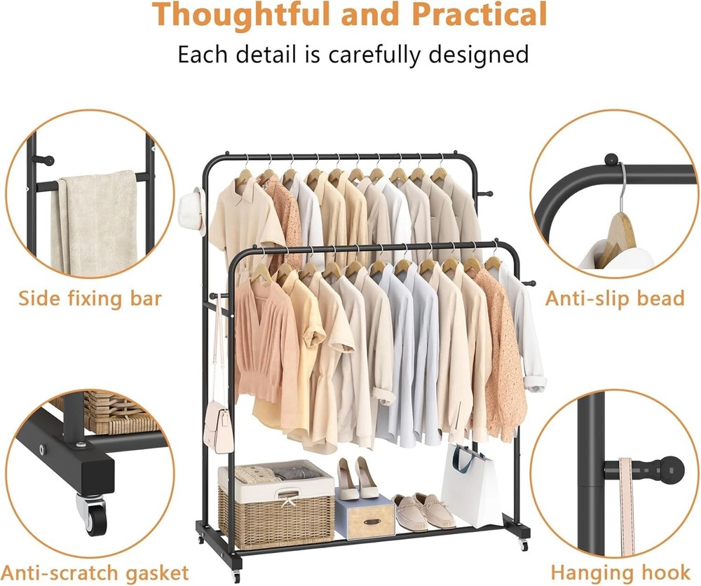 Double Rod Garment Rack with Wheels, 4 Hooks, Multi-functional Black Cloth Rack