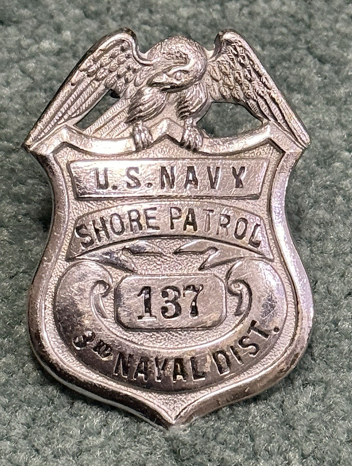 Original WWII Era 1946 US Navy Shore Patrol Badge Grouping W Dog Tag & ID Cards