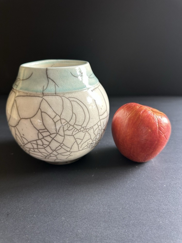 Raku Studio Pottery Vase Crackle Aqua Signed 5″×4.5”