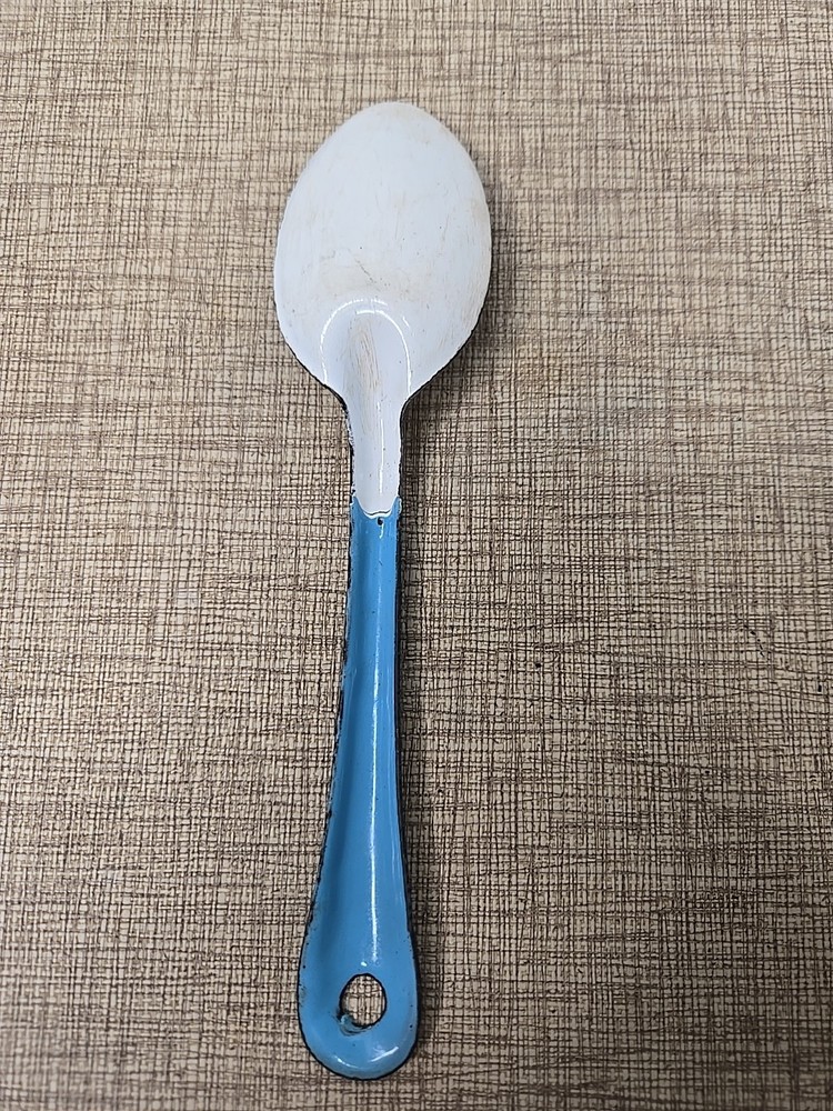 Vintage Enamel 8” & 6" Serving Spoons / Blue & White