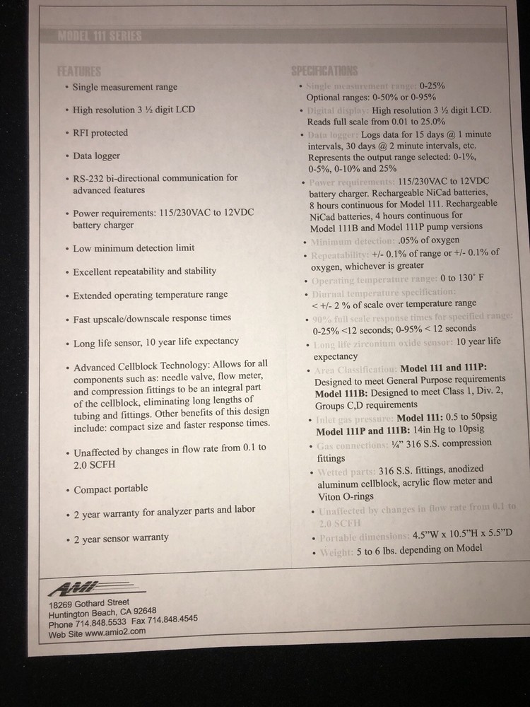 ADVANCED MICRO INSTRUMENTS Portable Percent OXYGEN ANALYZER Model 111 Series