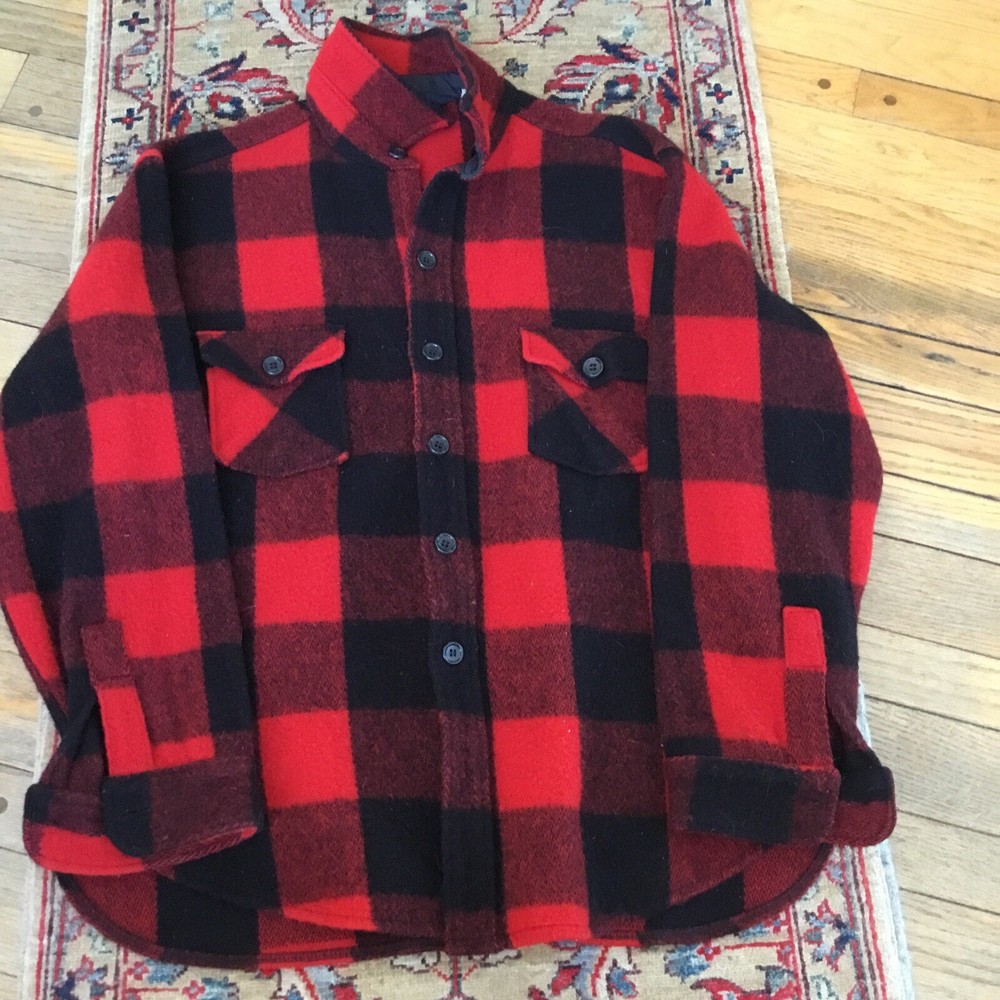 Woolrich Men's XL Red & Black Plaid Wool Button Up Jacket Excellent!