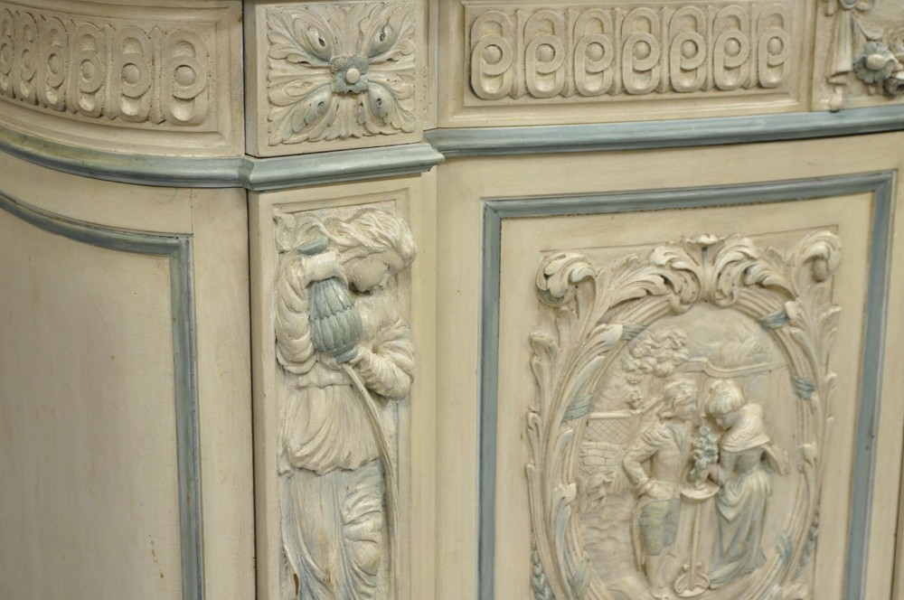 French Renaissance White Blue Painted Figural Carved Marble Top Buffet Commode