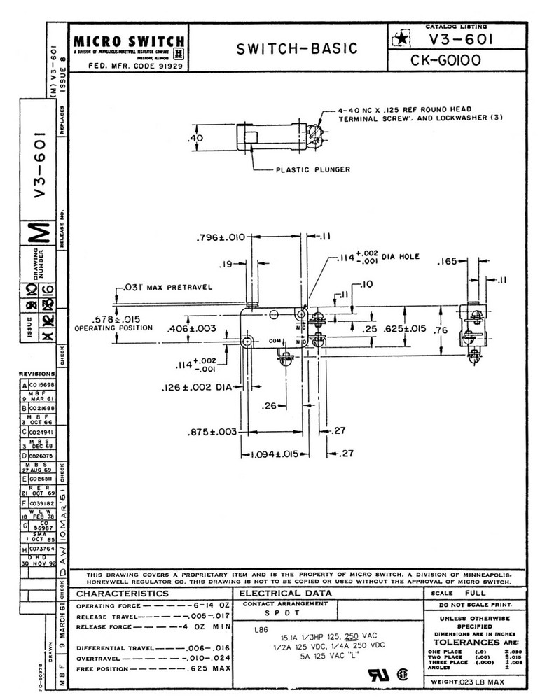 Micro Switch, model V3-601, for Hardinge DSM-A lathe
