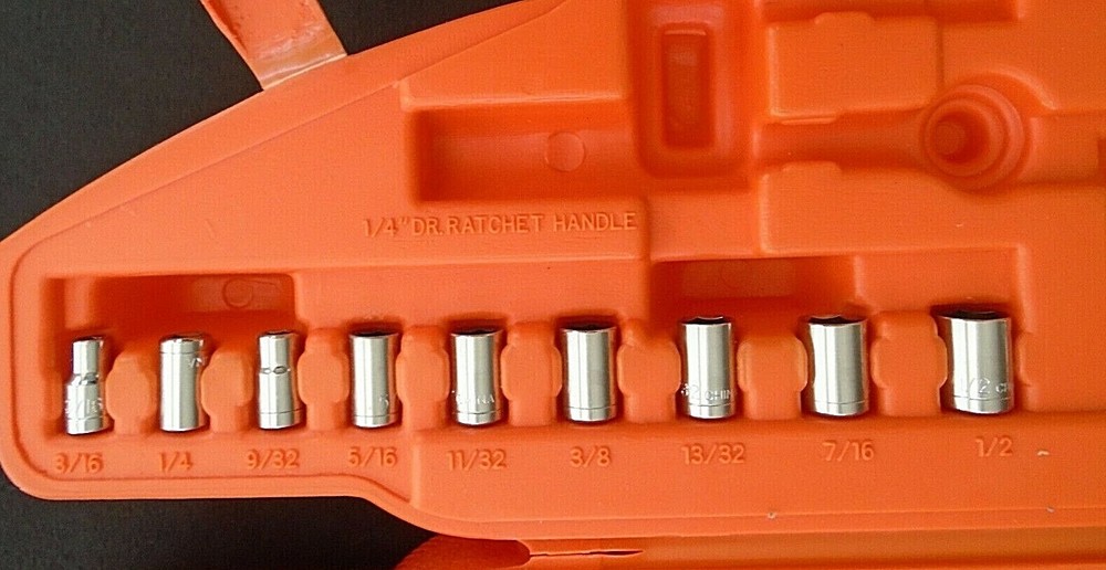 Vintage Orange Car Shaped Tool Box Includes Original Sockets
