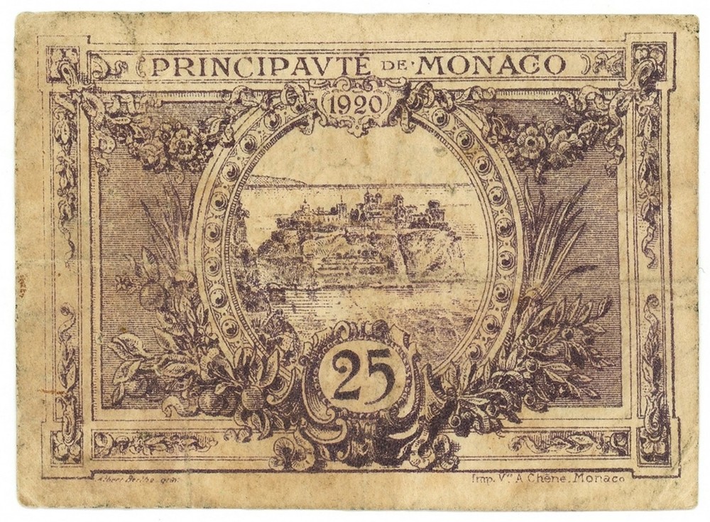 25 CENTIMES PRINCIPAUTÉ DE MONACO EMERGENCY ISSUES 20/03/1920 BB-