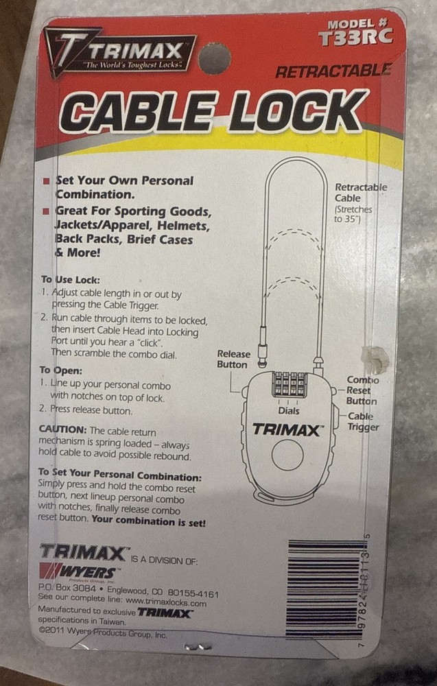 TRIMAX Retractable Cable Combination Lock T33RC