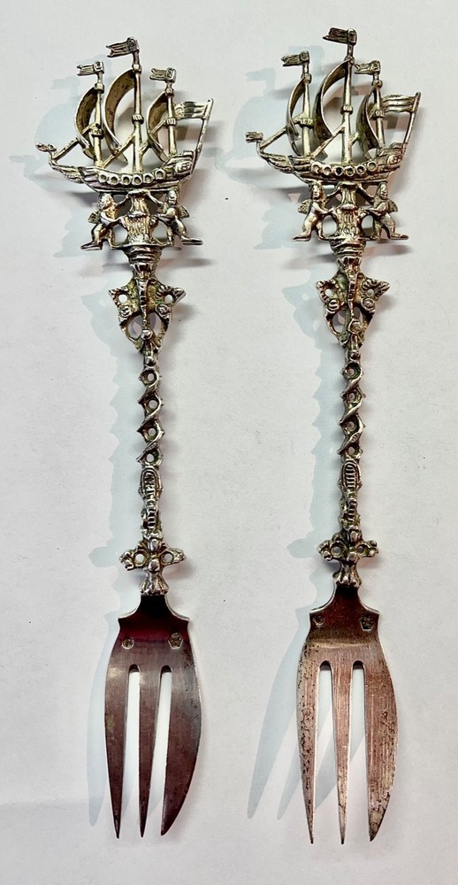 Pair Dutch silver figural handle Flying Dutchman Fluyt cargo ship pastry forks