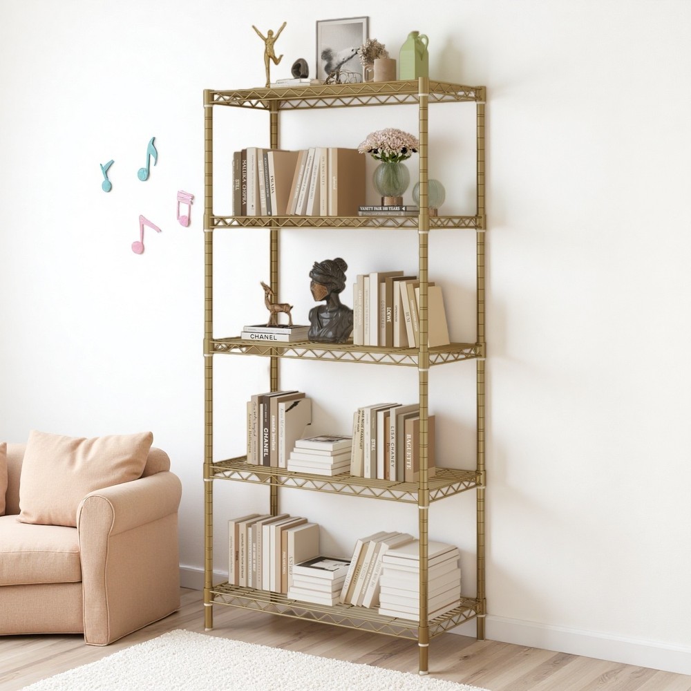 5-Tier Wire Shelving Unit - Heavy Duty, Adjustable, Gloss Gold & Modular