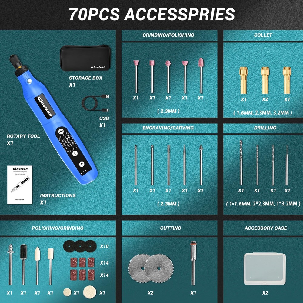 Cordless Rotary Tool, 5 Variable Speed Mini Rotary Tool Kit with 70 Accessori...