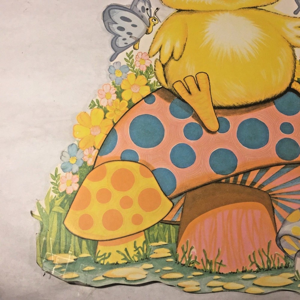 Vtg MCM 1977 Beistle EASTER Chick Sitting on Mushroom TOADSTOOL Diecut Butterfly
