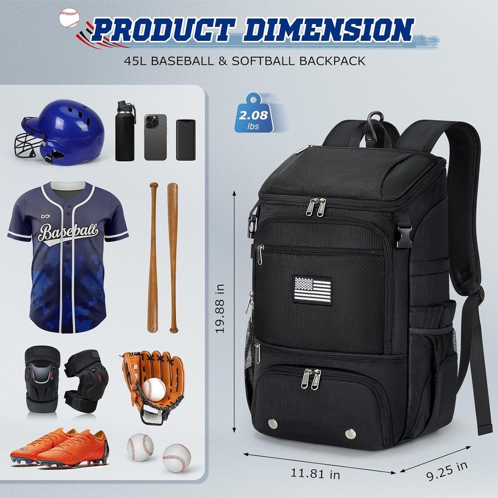 Baseball Backpack, Lightweight Softball Bag with Shoe Compartment Baseball Ba...