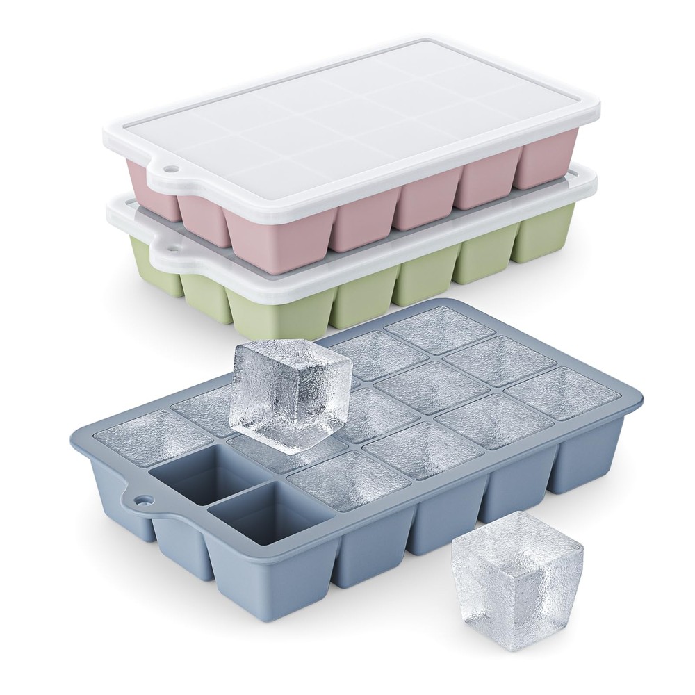 Silicone Ice Cube Tray 3 Pack - EASY RELEASE ice cube Normal, Blue+Pink+Green