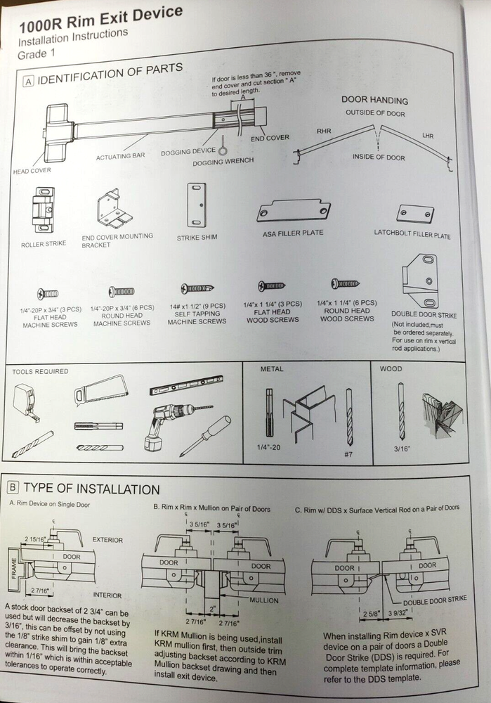 1000R 33" US32D Design Hardware Aluminum Push Bar Exit Rim Exit Device