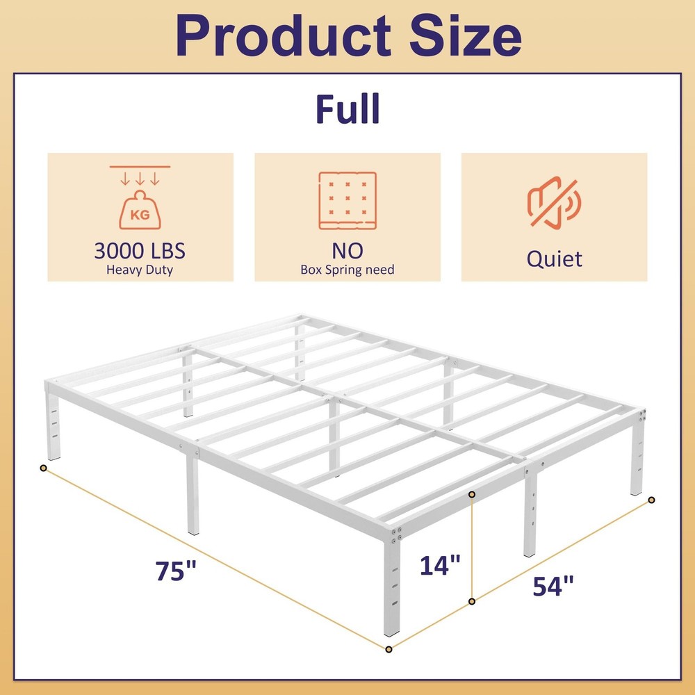 14 Inch Full Size Bed Frame No Box Spring Needed, Heavy Duty Metal Bed Frame ...