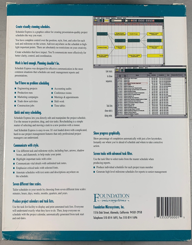 1992 Foundation Microsystems SCHEDULE EXPRESS Windows Project Managing Software