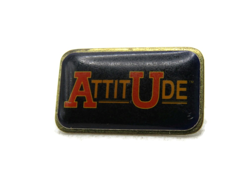Vintage "Attitude" Slogan Lapel Pin Rectangular Enamel Badge Black Red Gold Tone