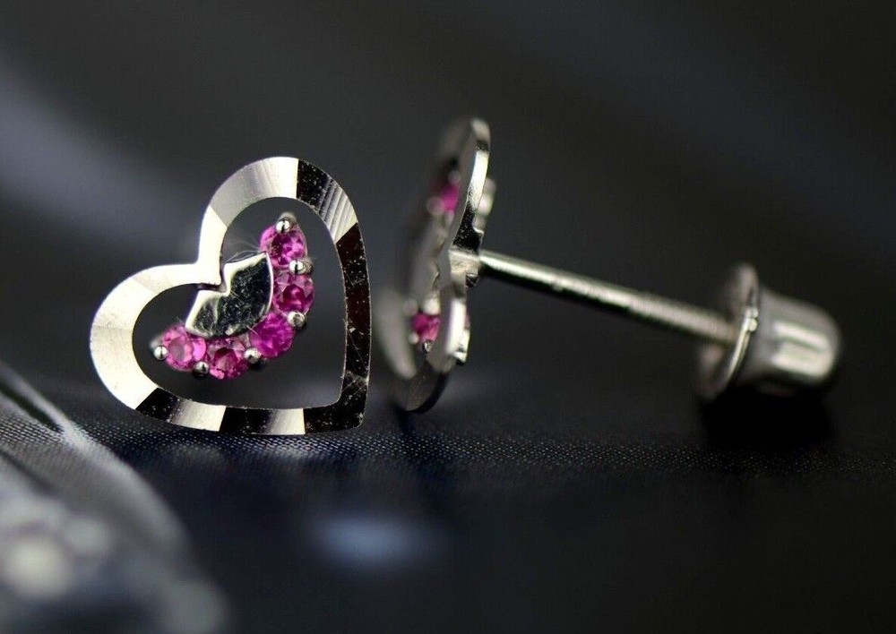 14k Solid Yellow or White Gold Heart Shape CZ Stud Earrings