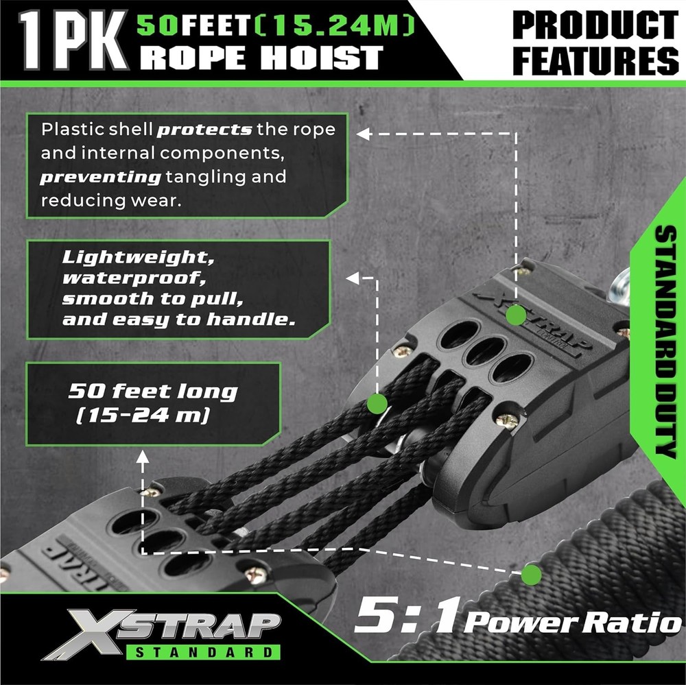 XSTRAP STANDARD Heavy-Duty Block and Tackle Pulley System, 1000 LB Working Load,