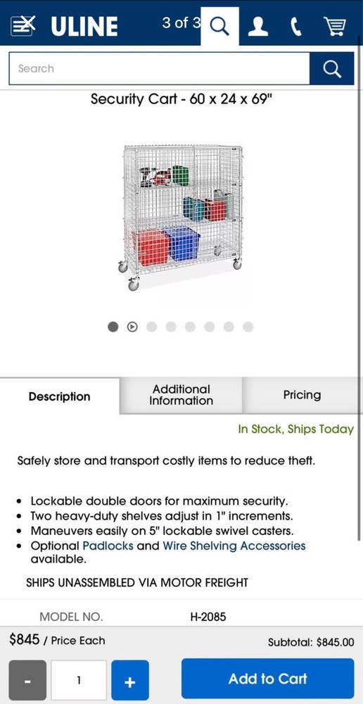 Uline security cart 60x24x69