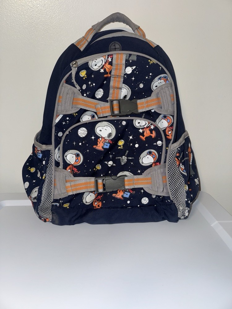 Pottery Barn Kids Snoopy Space Print Backpack Medium Navy Orange Canvas