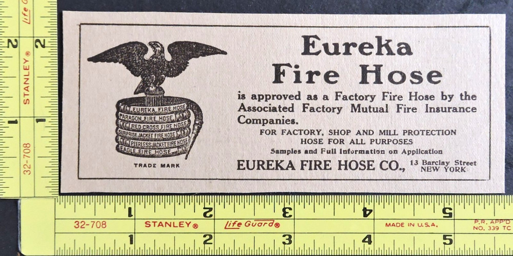 1908 Antique Ad - Eureka Fire Hose Co NYC Vtg firefighting