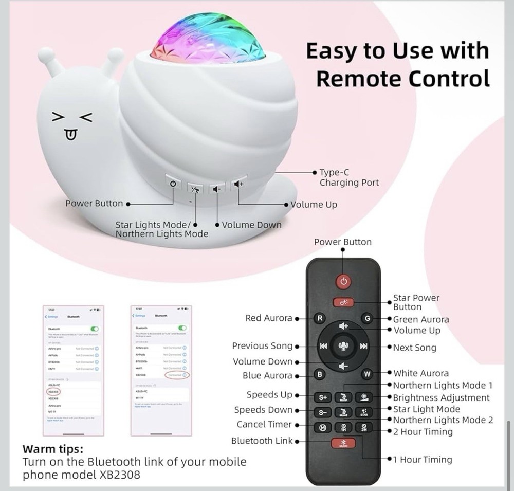 Aurora Snail Star Projector With Bluetooth Speaker New