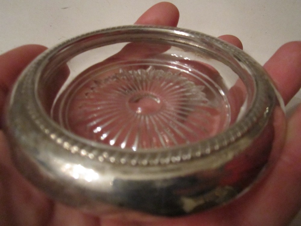 STERLING SILVER COASTER WITH HEAVY CRYSTAL BASE - VINTAGE STARBURST DESIGN