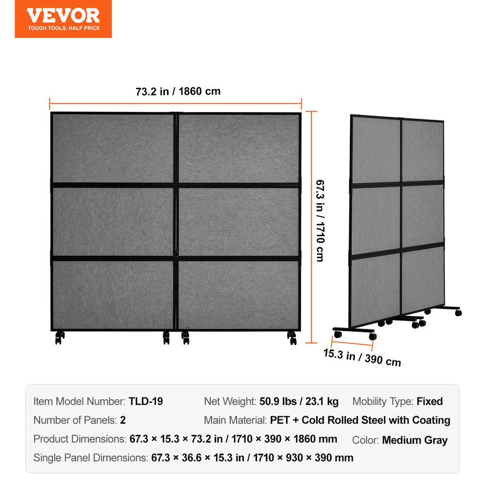 VEVOR Acoustic Room Divider Partition Panel Privacy Screen 2 Pack Medium Gray
