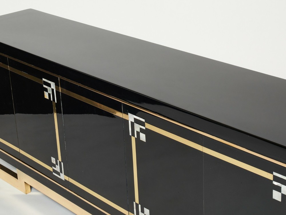 Maison Jansen sideboard brass black lacquered shell inlays 1970s