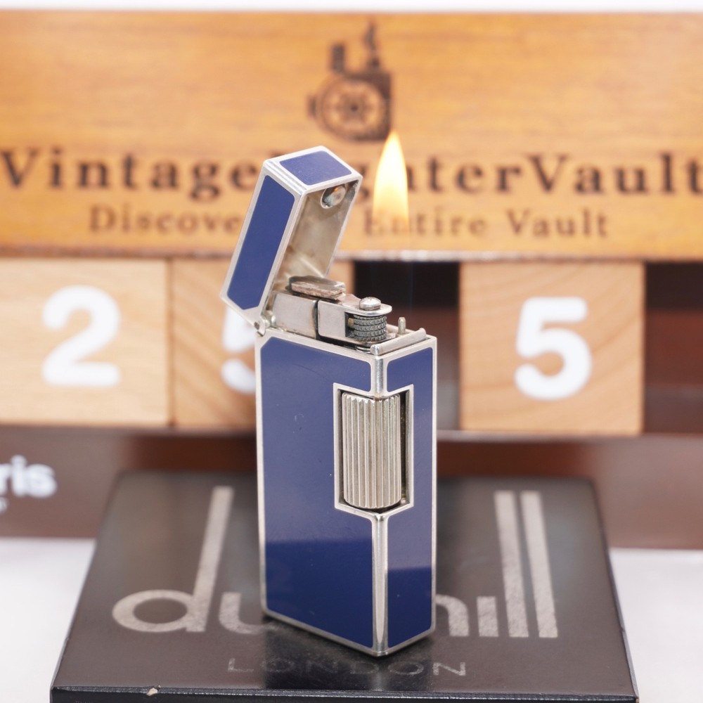 Dunhill Mini Lighter Silver & Blue Lacquer_Ultrasonically Cleaned_Working