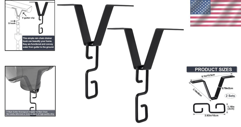 2 Sets Rain Chain Clips - V Type Black Gutter Hooks for Outdoor Elegance