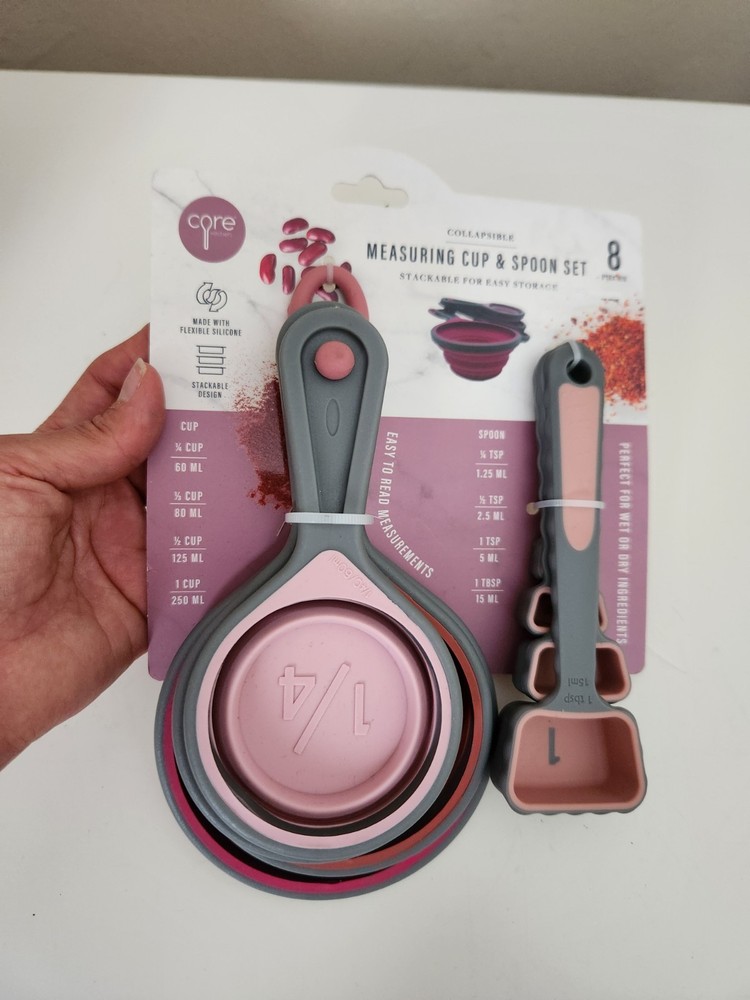 CORE KITCHEN 8pc Collapsible Measuring Cup & Spoons Set, flexible silicone.