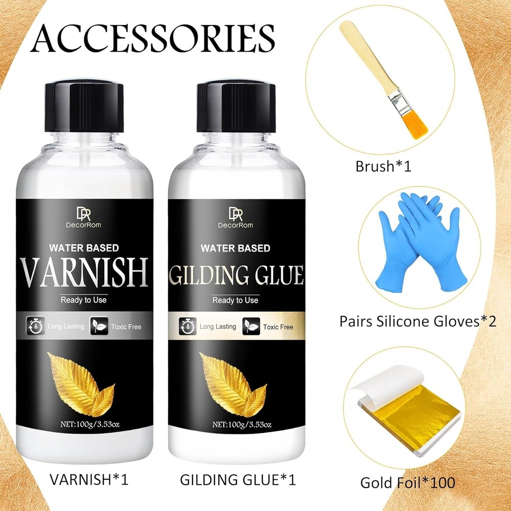Elegant Gold Leaf Adhesive Kit with 100 Sheets & Brush - DIY Craft Essentials