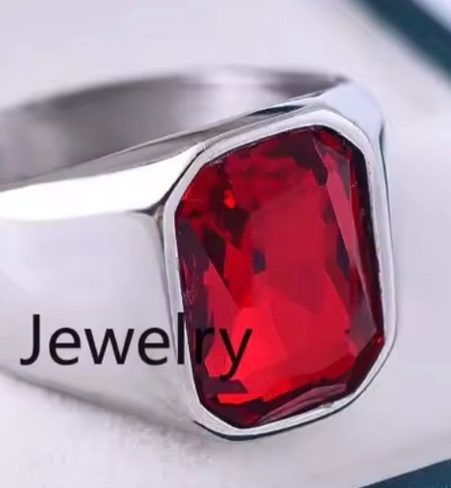 Men’s Ring Stainless Steel Silver Color Red Gemstone Rectangle Shape Style