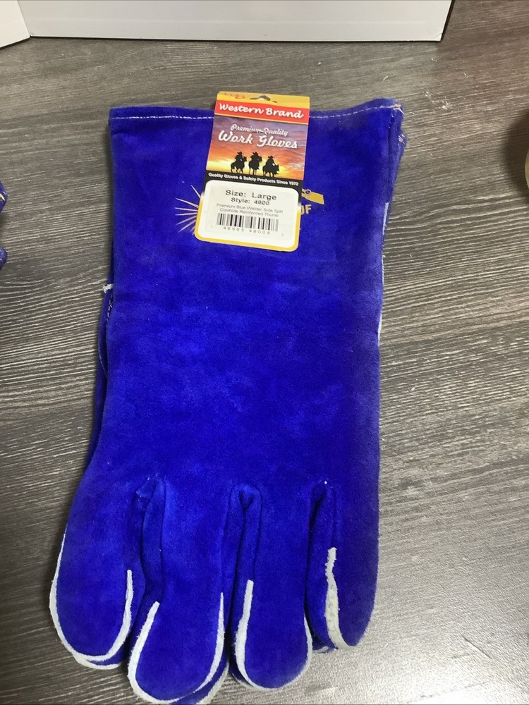 Weld-Tuf 7380K Work Gloves Premium Split Cowhide Leather Ranching Blue Large
