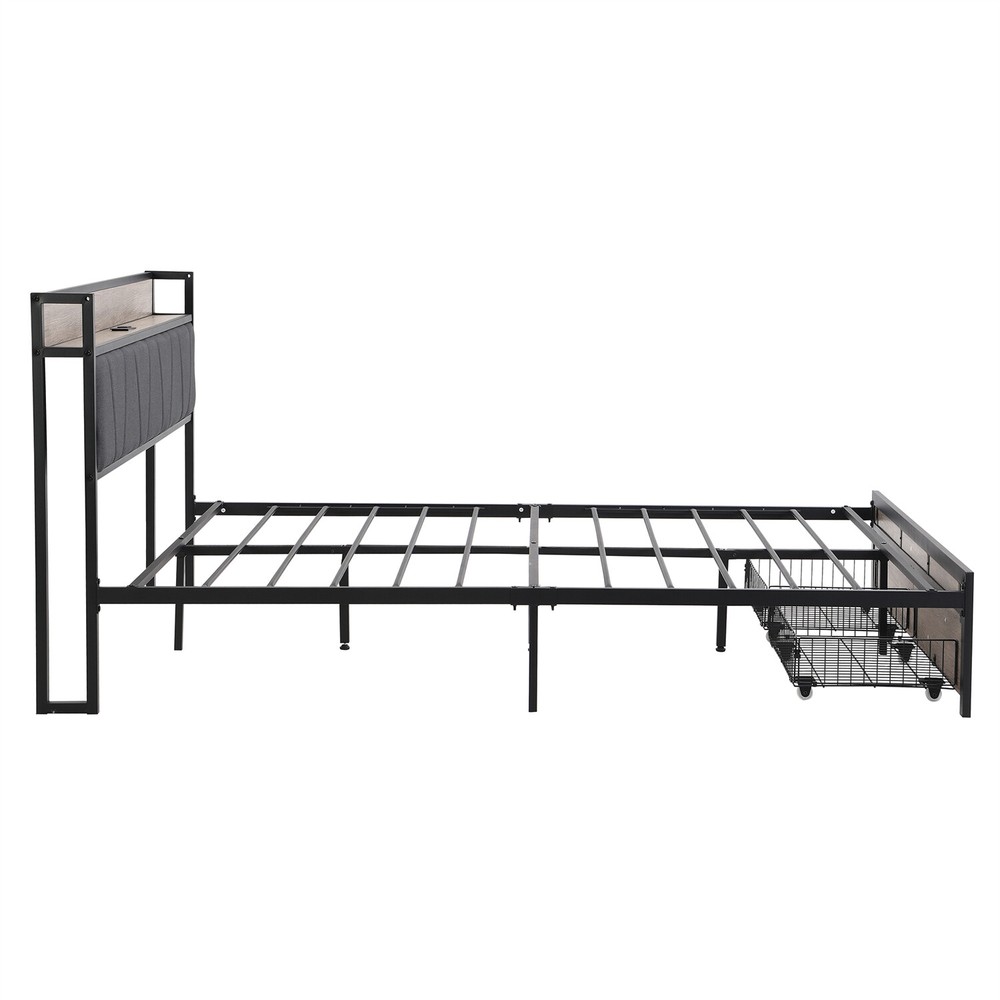 Queen Size Bed Frame w/ Upholstered Headboard Metal Platform Bed w/ 2 Drawers